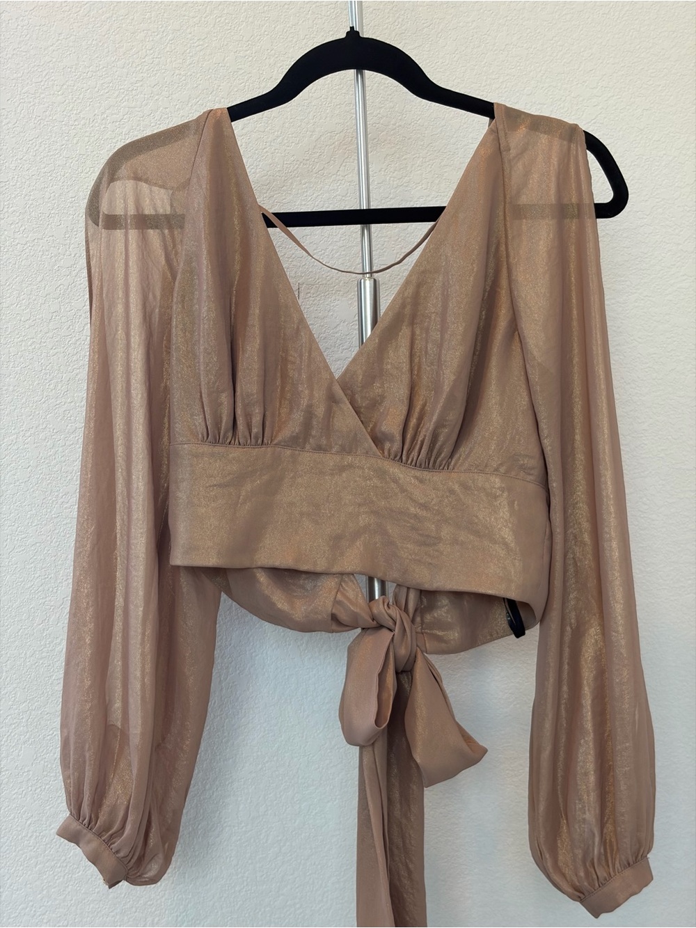 bebe Sheer Metallic Taupe Wrap Blouse